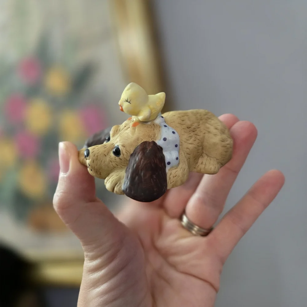 Porcelain Cocker Spaniel Dog with Chick Duck Vintage Miniature Figurine Decor